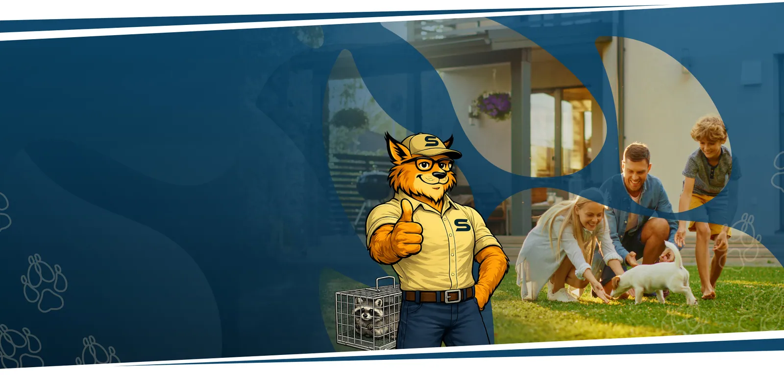 Swift Wildlife mascot with a safely caged raccoon beside a family enjoying their Ocean Breeze backyard