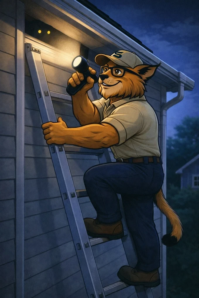 The Swift Wildlife mascot inspecting a home's soffit by flashlight at night — finding where wildlife gets in